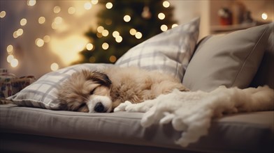 Cute dog sleeping on sofa in room with Christmas tree and lights Ai generated