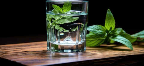 A glass of water infused with fresh mint leaves on a wooden surface