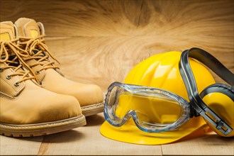 Working tools. construction concept. yellow construction helmet earphones working boots