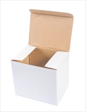 Opened paper box in front of a white background