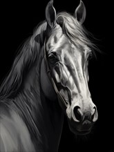 A digitally created grayscale portrait of a horse with detailed shading and a dark backdrop