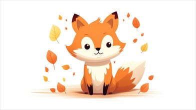 Cute cartoon fox with autumn leaves on white background Ai generated
