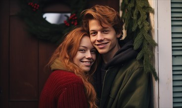 Young couple smiling together near home door decorated with mistletoe. Christmas holidays