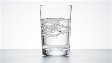 A clear glass of water is depicted with bubbles