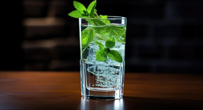 A glass of water with fresh mint leaves stands on a wooden surface illuminated by natural light