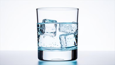 A clear glass filled with water and ice cubes on a light background