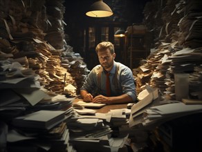 Bureaucracy: Employee sits at his desk in his office surrounded by a multitude of files to be processed