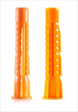 New orange-coloured plastic dowels against a white background