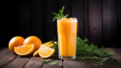 Fresh orange juice with ice and rosemary on a wooden background. Ai generated