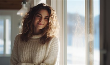 Beautiful woman stand near the window and smile Ai generated