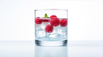 Raspberry in a glass on a white background. Isolated Ai generated