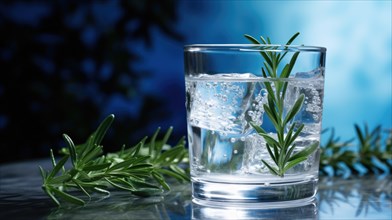 A close-up of a glass of water with ice cubes and a sprig of rosemary