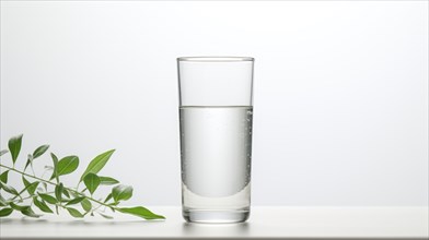 Glass of water on the table with green plant on white background Ai generated