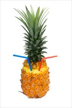 Ripe vivid pineapple with red and blue straw isolated over white background