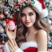 Portrait of a young cheerful woman with red lips and curly hair in a knitted sweater smiles and holding a decorated easter egg next to decorated Christmas tree at a holiday in December. AI Generated