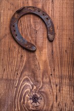 Copyspace image the old rusty horseshoe on vintage wooden board happy concept