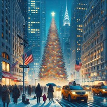 Christmas tree with bright golden sparkling garland on christmas tree in the cuty of New York. New Year atmosphere. Holidays and New Year concept. AI Generated