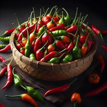 Ripe red hot chili peppers vegetable on table. AI generated