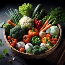 Assorted organic vegetables in a bamboo made basket. AI generated