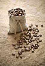 Coffee beans in sacks on sacks