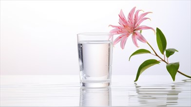 A clear glass filled with water on a reflective surface with a single pink flower beside it Ai generated