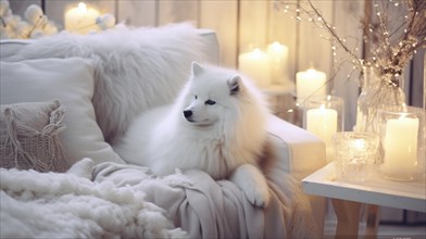 Cute Pomeranian dog on sofa in room decorated for Christmas