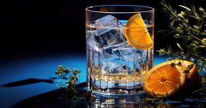 A glass with ice cubes and a slice of orange