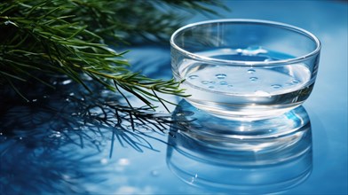 A clear glass of water on a reflective surface with a pine branch