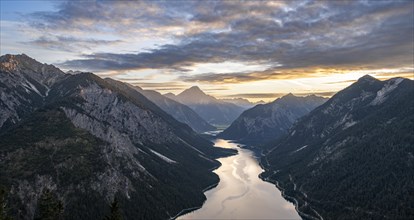 View of the Plansee lake from Schoenjoechl at sunset
