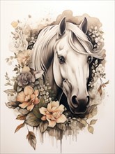 An illustrated sepia-toned depiction of a horse surrounded by elegant flowers Ai generated