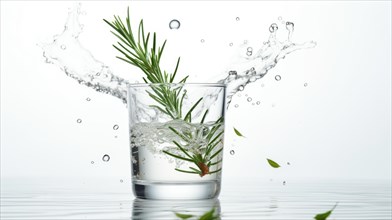A sprig of rosemary splashing into a glass of water with dynamic droplets and a clear white setting Ai generated
