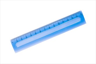 A blue school ruler against a white background