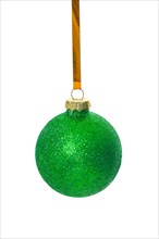 Green Christmas baubles against a white background