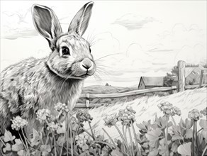 A serene pencil sketch of a rabbit in a rural setting with flowers and farm buildings Ai generated
