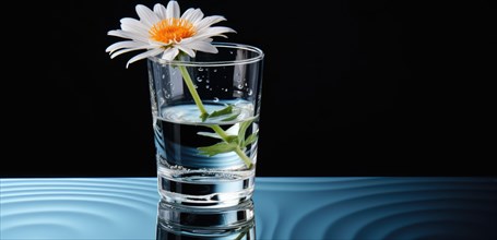 A single daisy suspended in a glass of water with a tranquil blue ripple effect around it Ai generated
