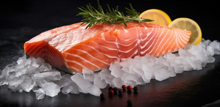 Raw salmon with lemon and rosemary on a black stone background. Ai generated