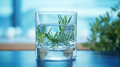 A glass of clear water with fresh rosemary sprigs
