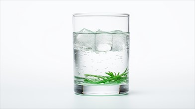 Glass of water with ice and spruce branch on a blue background Ai generated