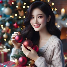 Portrait of a young cheerful woman with red lips and curly hair in a knitted sweater smiles and holding a red Christmas ball in the background of a Christmas decorated Christmas tree at a holiday in D...