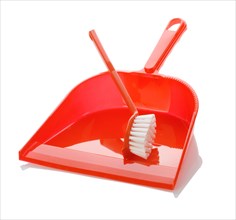 Insulated red plastic dustpan with brush