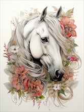 An illustrated white horse surrounded by elegant floral elements in shades of red and pink Ai generated