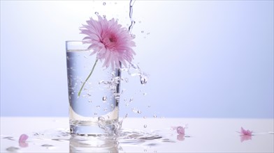 A glass of water with a splash created by a pink flower