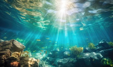Underwater view of coral reef with sun rays shining through water surface Ai generated