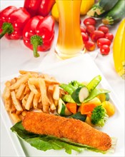 Fresh breaded chicken breast roll and vegetables