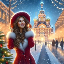 Portrait of a young cheerful woman with red lips and curly hair in a knitted sweater smiles against the background of a Christmas decorated Christmas tree and standing next to a church in December. AI...