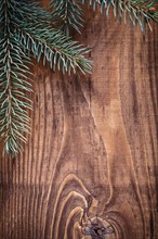 Copyspace Christmas background branches of fir tree on old wooden board