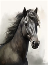 A realistic digital portrait of a black horse with a flowing mane exuding an air of elegance Ai generated
