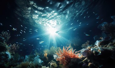 Underwater view of coral reef with fish and rays of sunlight Ai generated