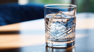 A clear glass filled with water on a wooden table