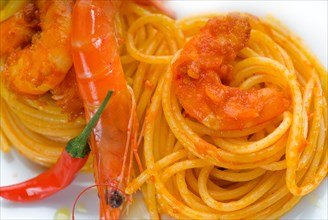 Italian spaghetti pasta and fresh spicy shrimps sauce over white